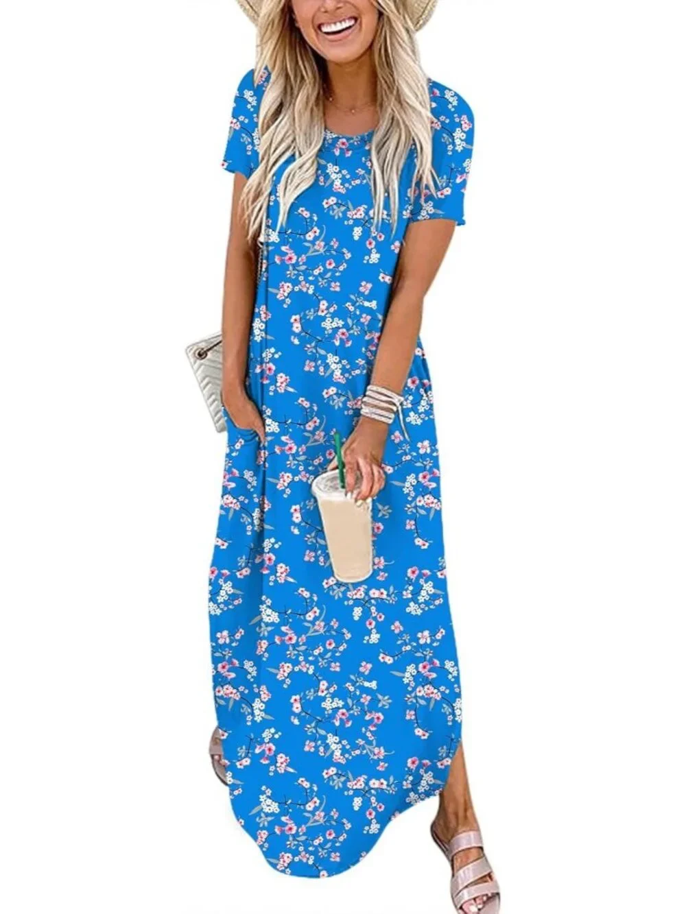 Dresses | Womens Floral Blue Summer Maxi Dress Short Sleeve Casual Split  Beach T Shirt | Poshmark